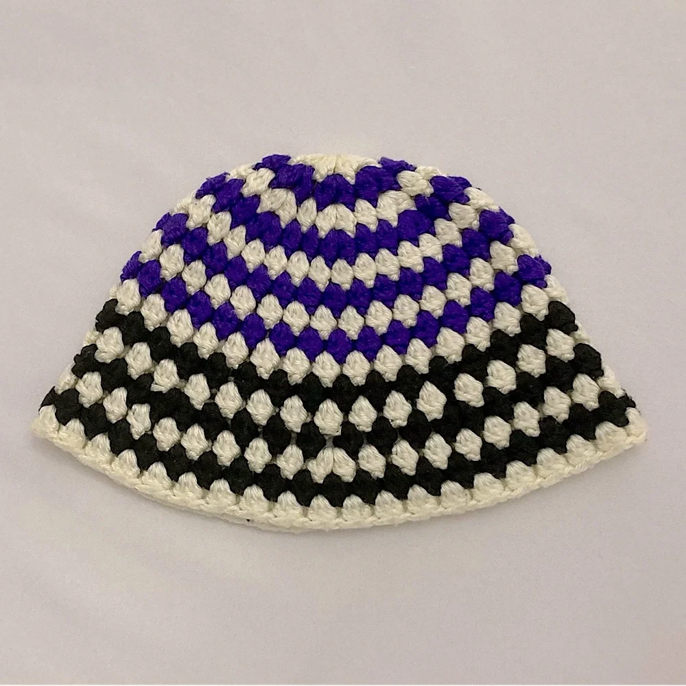 ⭐️ Vintage Hand Knit Beanie Purple Black And White Striped Winter Hat